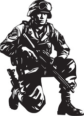 Tactical Precision Vector Black Icon Design for Soldier with Gun Warrior Vigilance Black Iconic Soldier Holding Gun Emblem in Vector