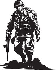 Warrior Sentinel Vector Soldier Holding Gun Black Icon Design Armed Vigilance Elegant Black Iconic Soldier with Gun Logo in Vector