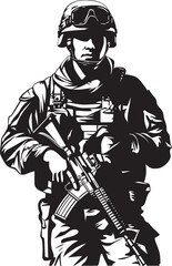 Commando Guardian Vector Black Icon Design for Soldier with Gun Strategic Defender Elegant Vector Soldier Holding Gun Emblem