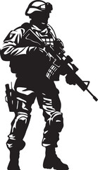 Warrior Vigilance Elegant Black Iconic Soldier with Gun Emblem in Vector Armed Guardian Vector Soldier with Gun Black Icon Design