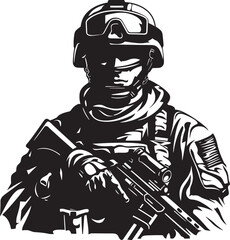Tactical Guardian Elegant Soldier with Gun Emblem in Vector Black Warrior Defender Vector Black Icon Design for Soldier Holding Gun