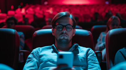 Man in Movie Theater Looking at his Phone