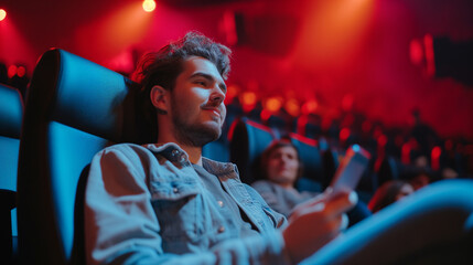 Fototapeta na wymiar Man in Movie Theater Looking at his Phone