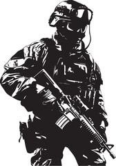 Strategic Vigilance Vector Black Iconic Soldier with Gun in Elegant Design Combat Defender Elegant Black Icon Design for Soldier Holding Gun