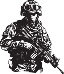 Combat Sentinel Elegant Black Vector Soldier with Gun Logo Tactical Precision Vector Black Icon Design for Soldier Emblem