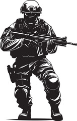 Fototapeta premium Combat Vigilance Black Iconic Soldier with Gun Emblem in Vector Tactical Commando Elegant Vector Soldier Holding Gun Logo