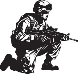 Commando Defender Vector Black Iconic Soldier with Gun Emblem Armed Sentinel Elegant Vector Design for Soldier Holding Gun Logo
