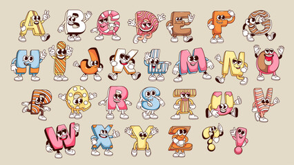 Groovy alphabet letters cartoon characters set. Funny retro ABC mascot collection, cartoon letters of bubble comic font and cute pattern, psychedelic typography stickers of 70s 80s vector illustration