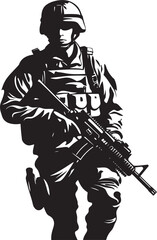 Commando Precision Vector Soldier with Gun Black Icon Design Armed Guardian Elegant Vector Design for Soldier Holding Gun Emblem