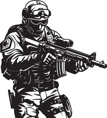 Combat Sentinel Vector Soldier with Gun Black Icon in Elegant Style Sleek Racer Vector Black Icon Design for Sportscar Lineart Logo