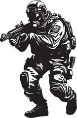 Commando Ready Vector Black Icon Design for Soldier Holding Gun Combat Readiness Elegant Soldier Holding Gun in Vector