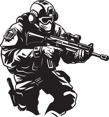 Tactical Guardian Vector Black Icon Design for Soldier Logo Warrior Stance Black Iconic Soldier with Gun Emblem in Vector