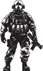 Battlefield Vigilance Elegant Vector Soldier with Gun Emblem Tactical Protector Vector Black Icon Design for Soldier Holding Gun