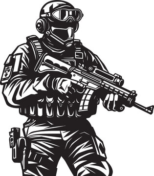 recommend clip art: Combat Dominance Vector Black Icon Design for Gun Wielding Soldier Commando Guardian Elegant Soldier with Gun Logo in Vector