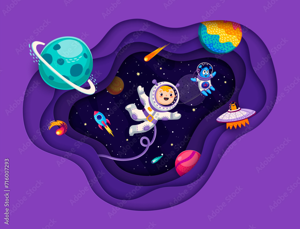 Poster space paper cut banner with kid astronaut, alien and ufo in starry galaxy. vector funny spacemen cha