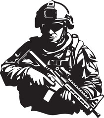 Armed Defender Elegant Vector Soldier Holding Gun Logo Battlefield Vigilance Vector Black Icon Design for Soldier with Gun
