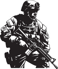 Combat Vigilance Vector Black Icon Design for Soldier Holding Gun Strategic Protector Elegant Soldier Logo with Gun in Vector