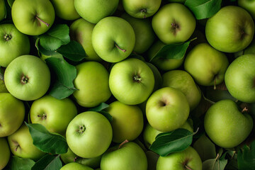 lots of green apples with leaves lying on top of each other, for background, top view