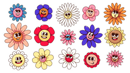 Groovy flower cartoon characters set with different funny expression on face. Retro psychedelic floral mascot collection, cartoon crazy daisy flowers, chamomile stickers of 70s 80s vector illustration