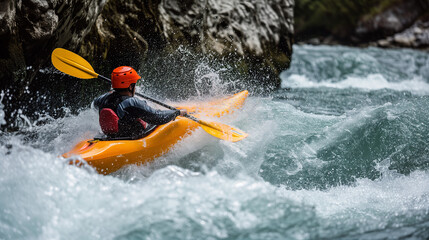 Fototapeta premium Kayaker Navigating Rough River Waters