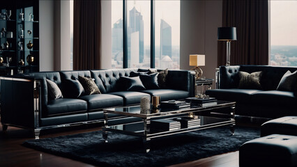 Interior design of a luxurious living room featuring stylish leather furniture