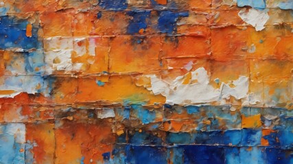 Obraz premium Closeup of abstract rough colorful blue orange multicolored art painting texture, with oil brushstroke, pallet knife paint, with square overlapping paper layers, complementary colors.Ai generative