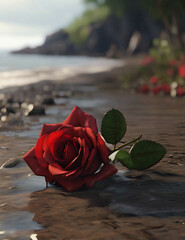 "Lone Rose: Seaside Tranquility, Waves, Water"