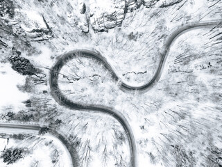 Obraz premium Winding asphalt road in sunny winter morning. Cold and freezy forested countryside.. Aerial view from drone. Black and white photography.