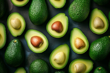 avocados cut in half lying on a green background