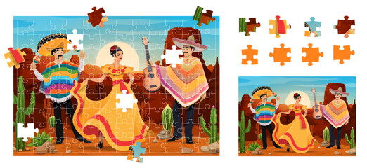 Jigsaw puzzle game pieces with national Mexican characters, vector worksheet for kids. Mariachi musician in sombrero and poncho with guitar, woman in traditional Mexican dress for jigsaw puzzle game