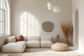 Modern living room design, minimal home decor with white sofa and neutral colors, interior mockup, 3d render