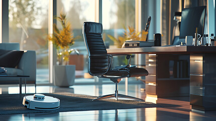 Um escritório doméstico moderno é banhado por uma suave luz natural iluminando as linhas elegantes dos móveis futuristas e da tecnologia de ponta