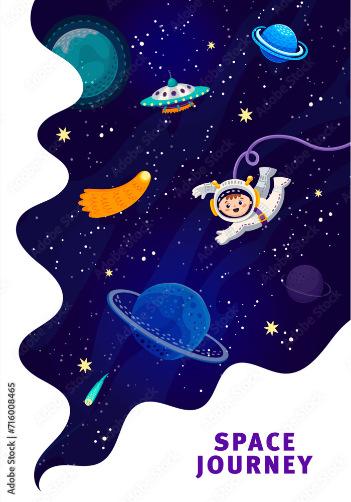 Poster space landing page, poster or flyer with starry universe, galaxy planets and stars, vector website o