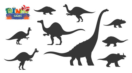Cute dinosaurs cartoon personages silhouettes. Nodosaurus, Hypacrosaurus, Lambeosaurus and Titanosauria, Centrosaurus, Panoplosaurus, Avaceratops and Deinocheirus, Corythosaurus vector silhouettes