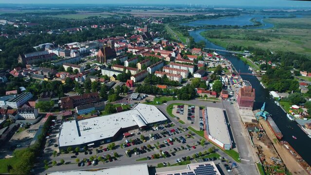 Aerial view around the city Anklam in Germany on a sunny summer day