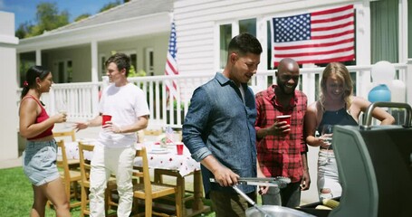 Barbecue, friends and talking at fourth of July party, grill and celebrating independence day in outdoors. People, bbq and cooking lunch for national holiday, american flag and food preparation