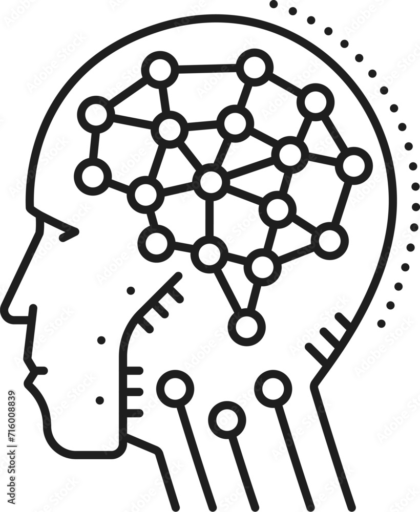 Poster Machine learning, AI artificial intelligence algorithm outline icon. Machine learning, computer science and artificial intelligence technology line vector symbol with brain neurons in android head