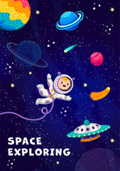 UFO and kid astronaut in outer space between galaxy planets and stars, vector cartoon poster. Funny kid spaceman in spaceflight to stars, galactic planets with asteroids and comets in sky background