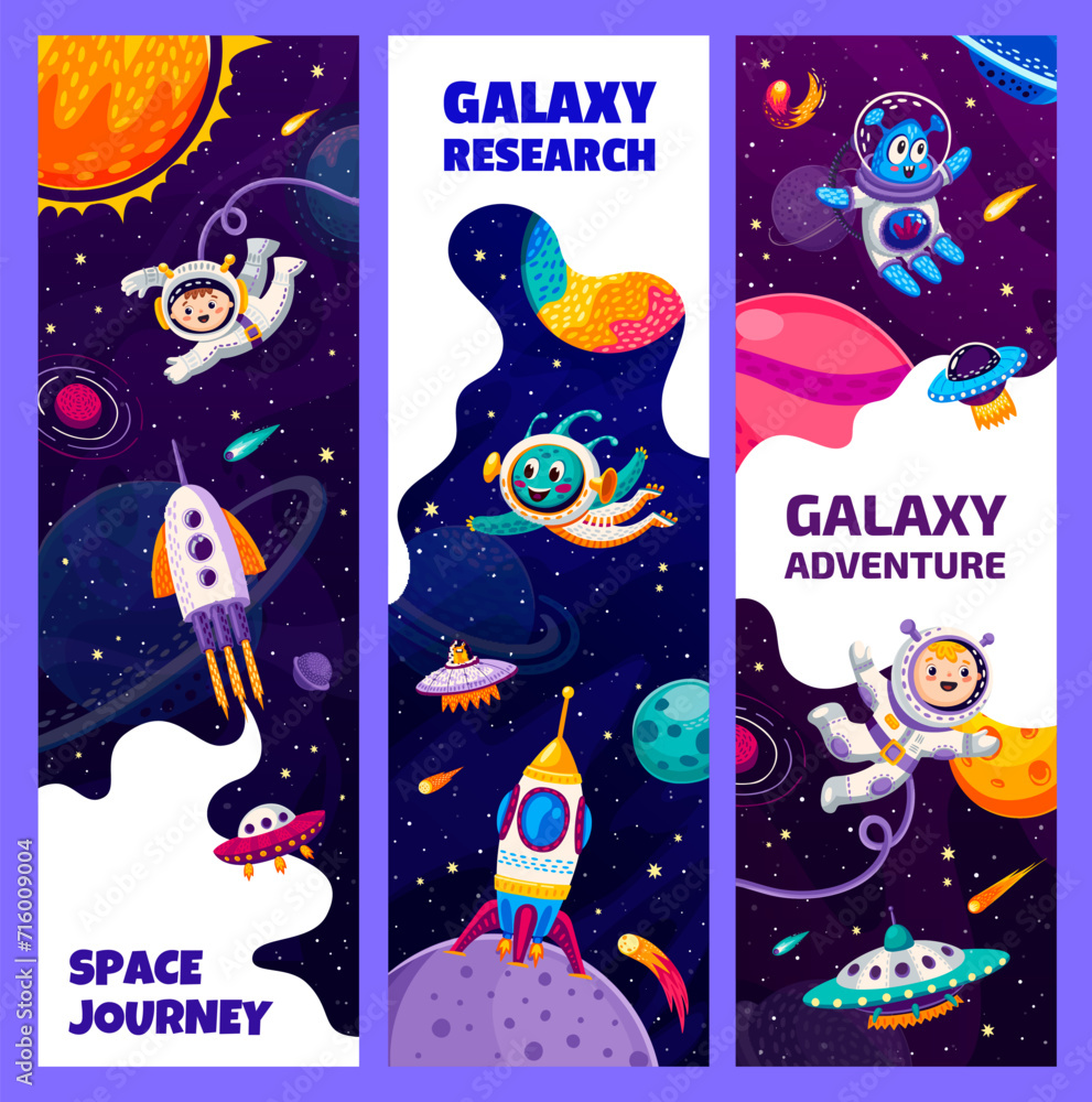 Poster kids astronauts in outer space. aliens, ufo and galaxy space planets on starry sky vector background