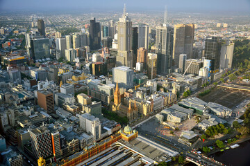View over downtown Melbourne, Australia. View with modern and historic buildings.