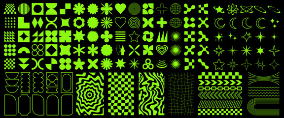 Big vector set of Y2K design elements. Trendy abstract minimalist figures, stars, flowers, circles. Vector illustration