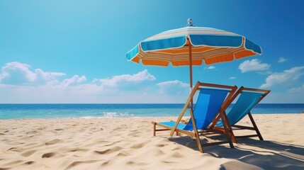 beach chair next to an umbrella on a beautiful beach in a beautiful blue sky