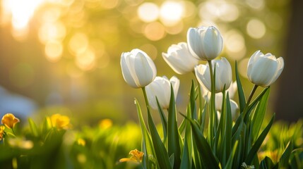 Graceful White Tulips Illuminated by Soft Sunbeams in a Tranquil Green Garden