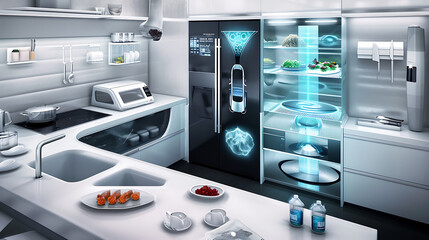 Uma cozinha moderna repleta de eletrodomésticos futuristas e elegantes  A iluminação suave realça as superfícies metálicas e as linhas limpas criando uma atmosfera de elegância inovadora