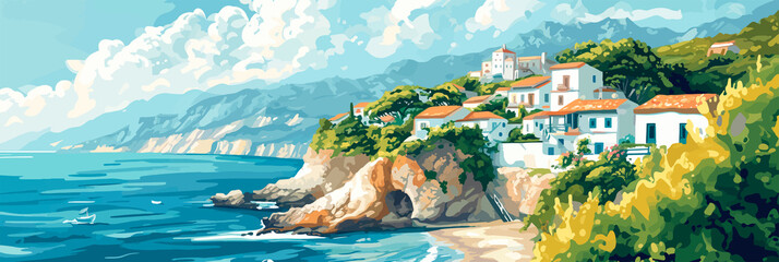 Coastal Haven: A Vibrant Illustration of Seaside Village Homes Overlooking Azure Waters - Ideal for Mediterranean-Themed Decor and Travel Imagery	