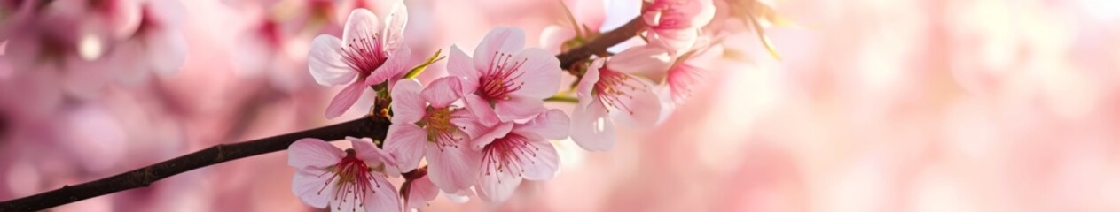 Naklejka na ściany i meble Spring Awakening: Vibrant Cherry Blossoms Adorning a Soft Pink Banner for Fresh Beginnings