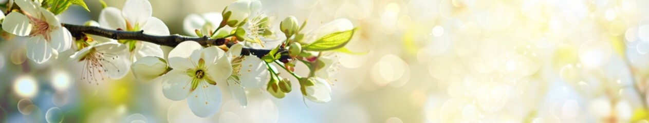 Luminous Spring Banner: Delicate White Blossoms Radiating with Sun-Kissed Glow