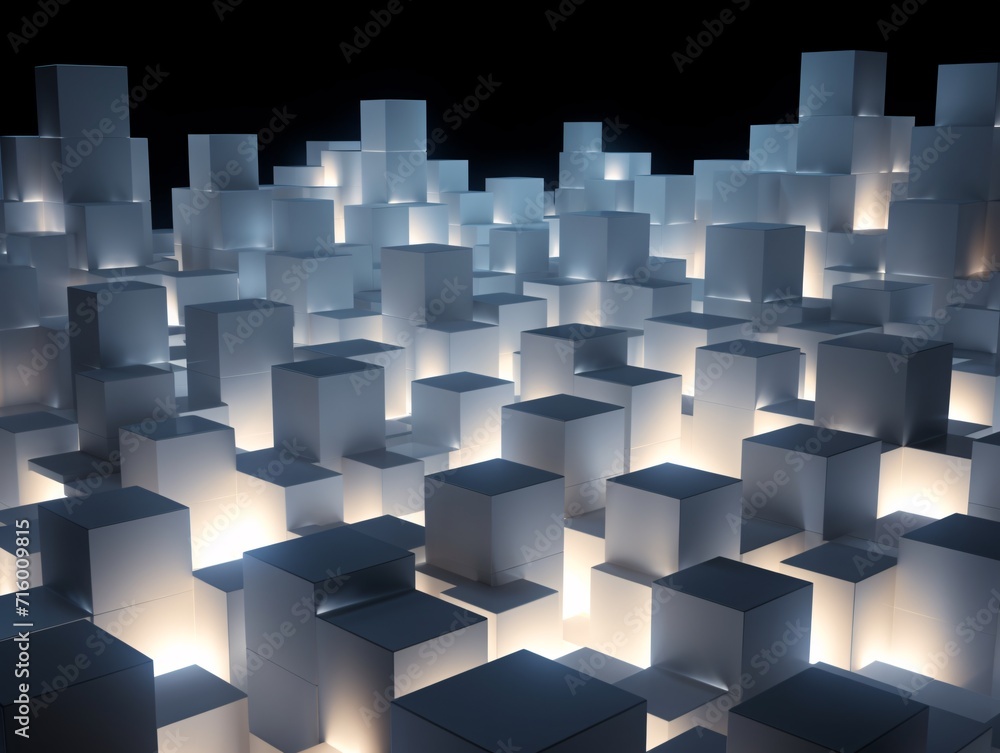 Poster illuminated white blocks in a black background generative ai