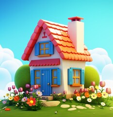 A colorful cartoon house with a red roof and blue doors Generative AI
