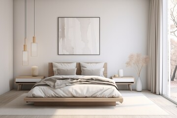 Fototapeta na wymiar A large white bed with a wooden headboard and a white comforter Generative AI